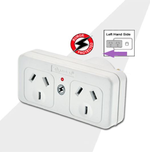 Sansai Surged Protected Double Adaptor Left Side Active Indicator 10A 240V AC Sansai Surged Protected Double Adaptor Left Side Active Indicator 10A 240V AC